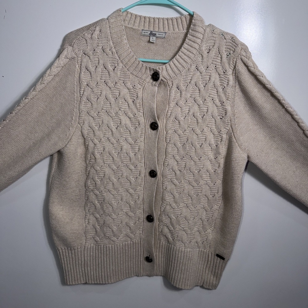 Bass Fisherman‎ Cardigan Sweater Womens Large Cream Cable Knit Button  Up